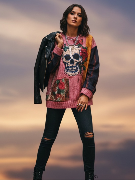 Tops - Skull and Roses Sweater look SweatShirt NWOT(runs sm.) 27"p2p. 28" length